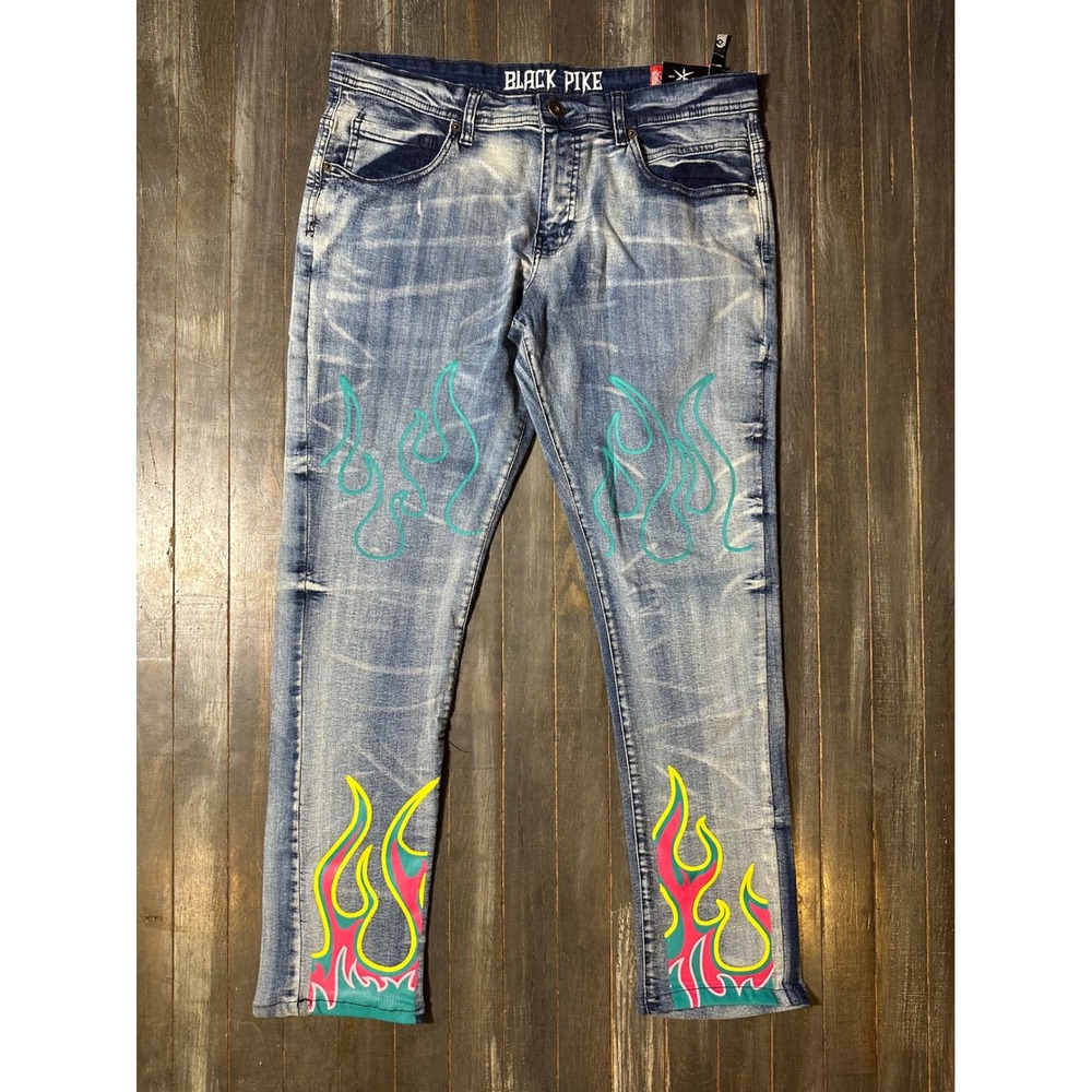 Black Pike Mens Flame Graphic Skinny Fit Distressed Light Wash Denim Jeans 34x32